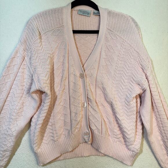 Nordstrom Point of View VTG Light Pink Cotton Chunky Knit Cardigan Sweater Large - Picture 7 of 8